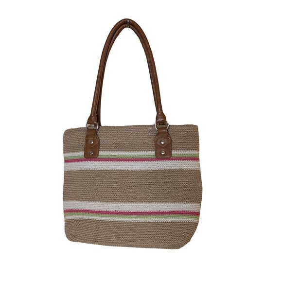 Vintage Woven Striped Shoulder Bag Beige Cream Green Pink - Picture 8 of 8